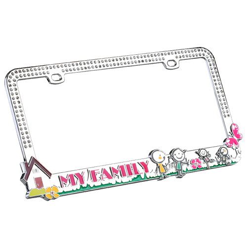 "Loving Family" Chrome Metal License Plate Frame with Clear Crystals